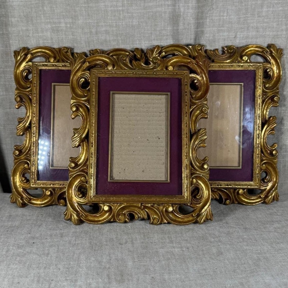 Picture Frames Good Vintage Ornate Gold Baroque Purple Velvet Set of 3